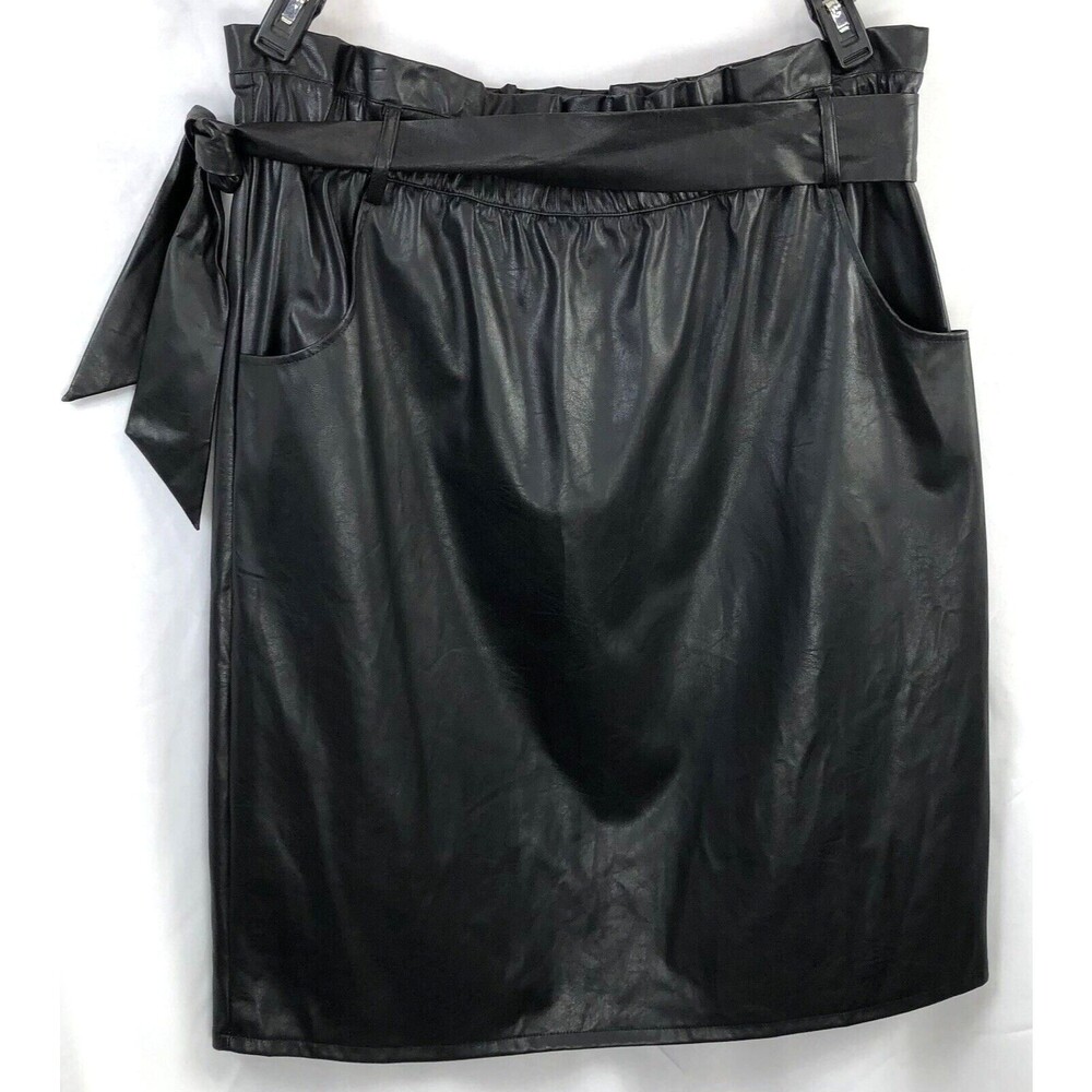 Time & Tru Faux vegan leather skirt XL Blk 38" elastic waist belt midi pockets